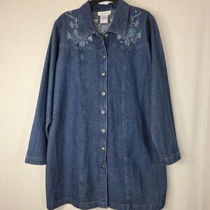 Susan Graver Style Embroidered & Beaded Denim Jacket Blue Floral Boho Large